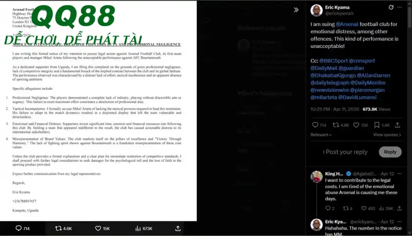 Một CĐV Arsenal đòi kiện CLB vì thành tích kém cỏi trong thời gian gần đây (ảnh: Chụp màn hình). Một CĐV Arsenal đòi kiện CLB vì thành tích kém cỏi trong thời gian gần đây (ảnh: Chụp màn hình).